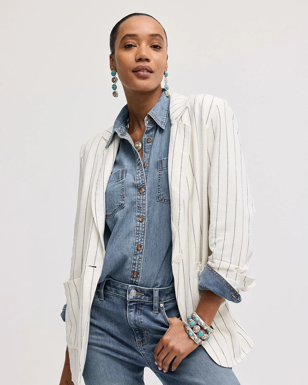 Chico's On Sale - Linen-Blend Striped Boyfriend Blazer