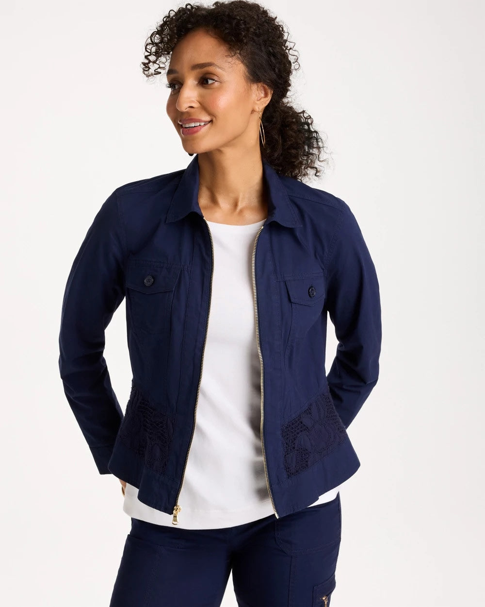 Chico's / Poplin Cotton Lace Peplum Jacket