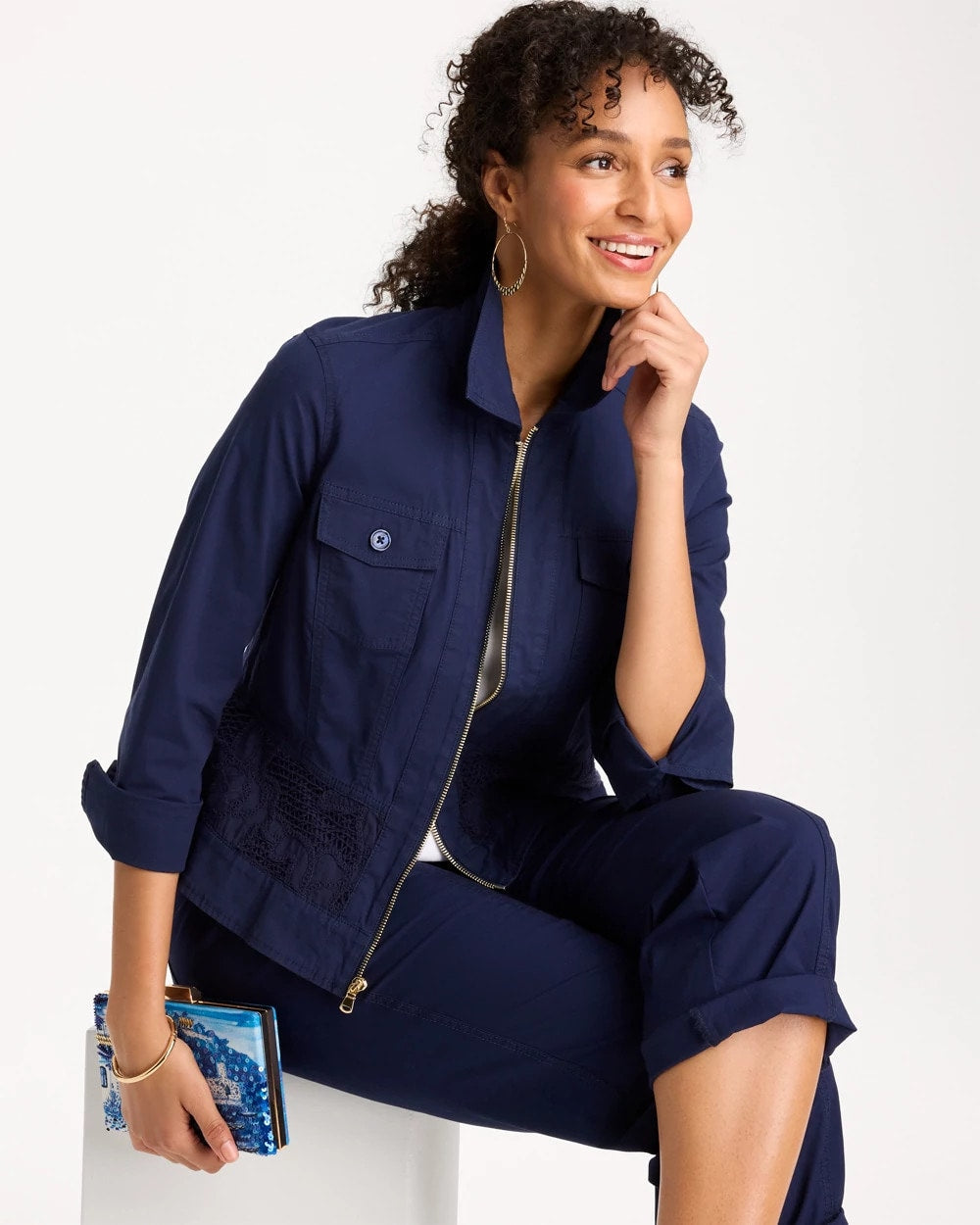 Chico's / Poplin Cotton Lace Peplum Jacket