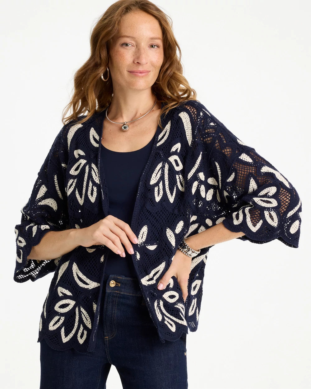 Chico's Sale - Woven Crochet Lace Contrast Kimono