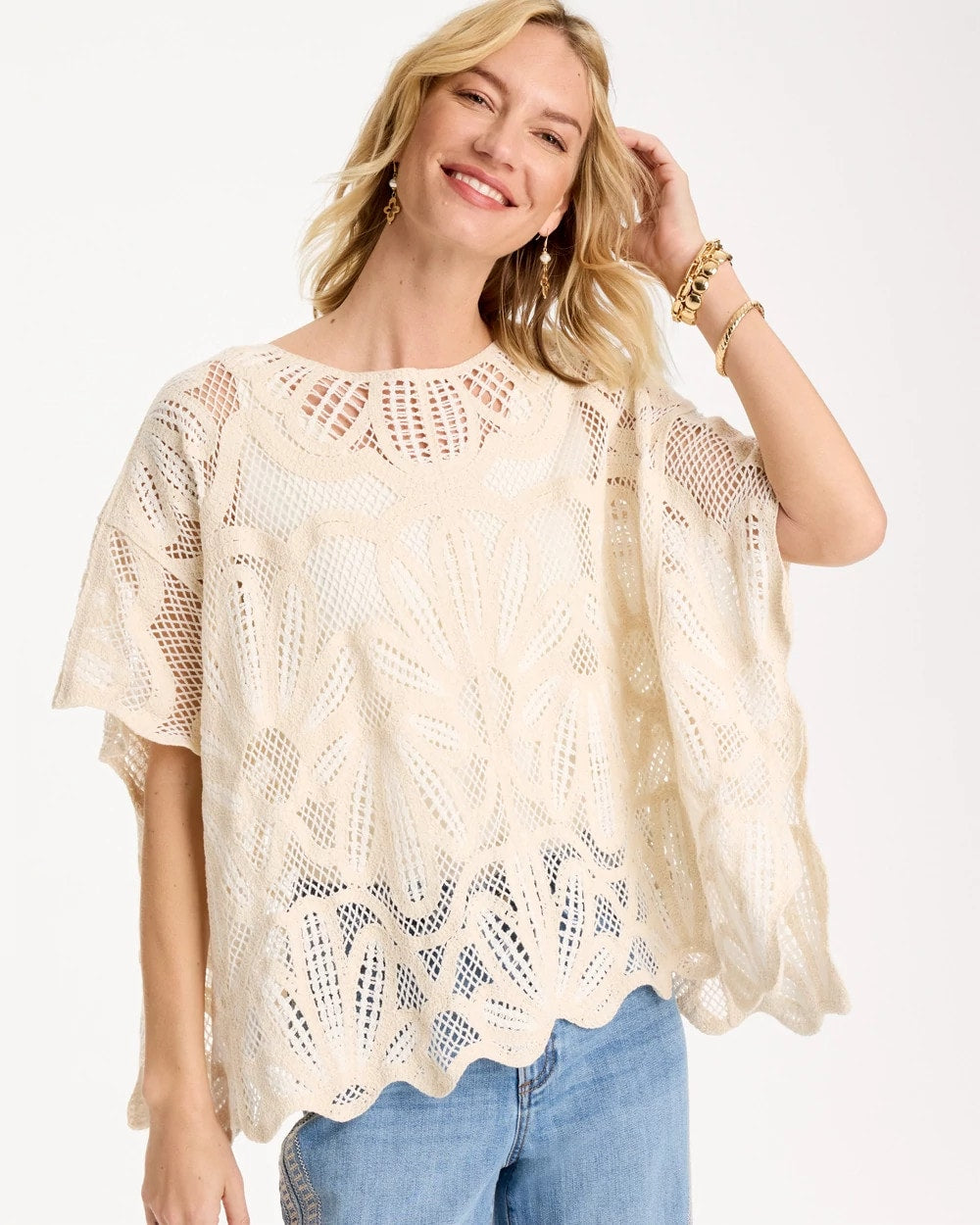 Chico's / Woven Cotton-Blend Crochet Lace Poncho
