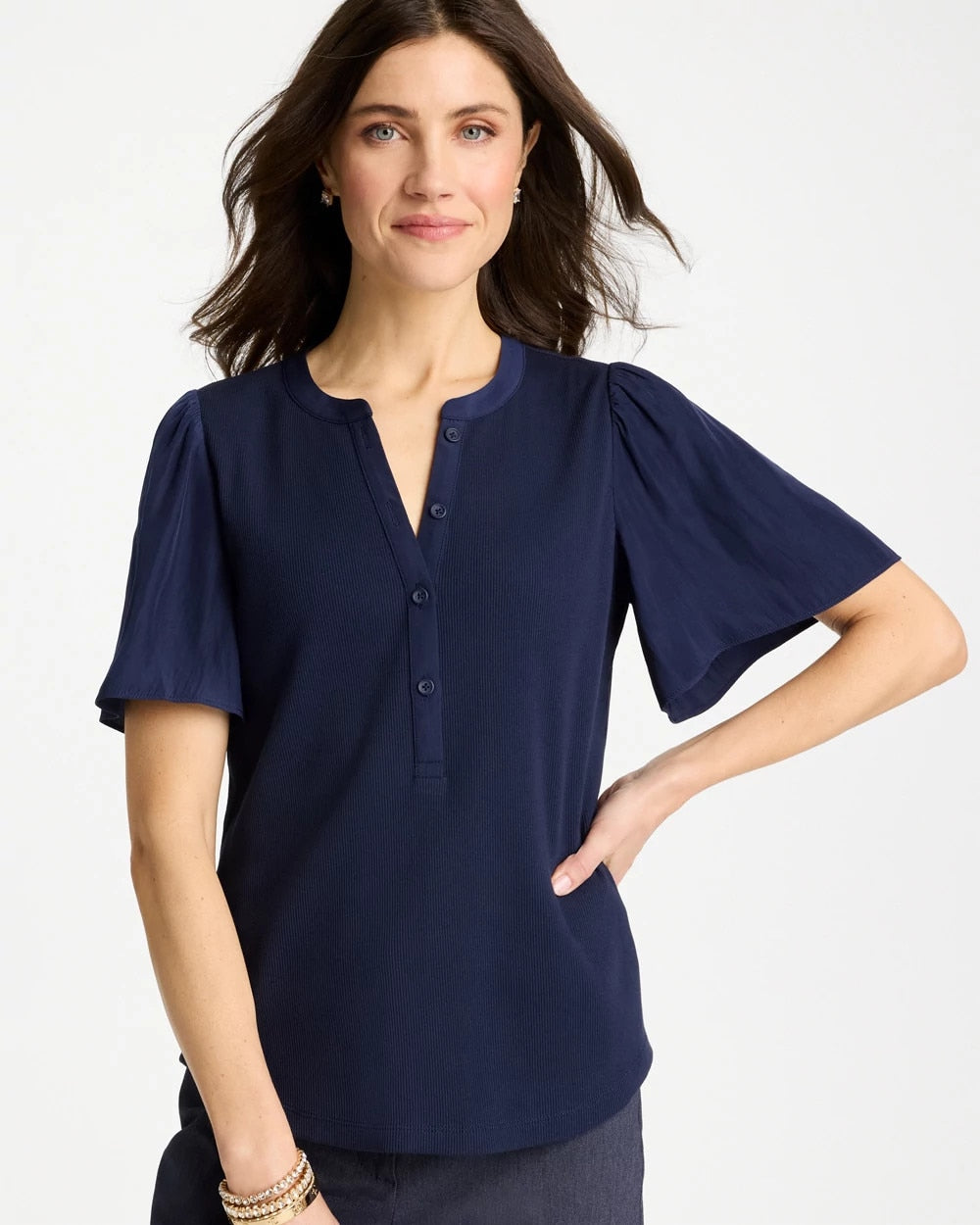 Chico's / Rib Knit Woven Flutter Sleeve Tee