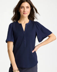Chico's / Rib Knit Woven Flutter Sleeve Tee