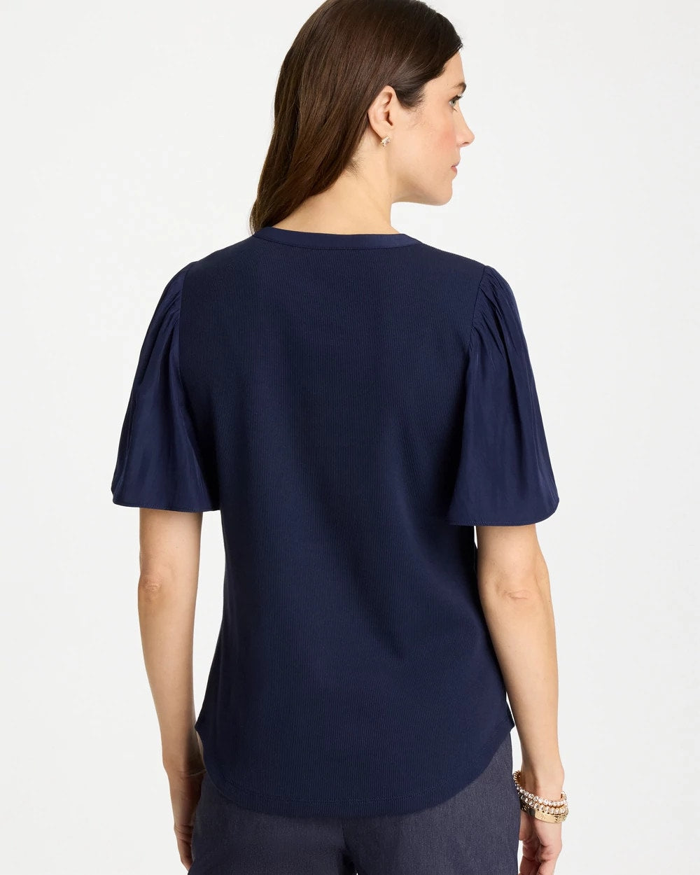 Chico's / Rib Knit Woven Flutter Sleeve Tee