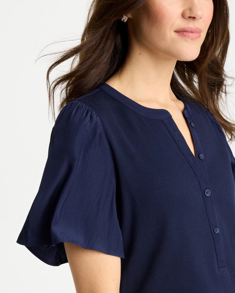 Chico's / Rib Knit Woven Flutter Sleeve Tee