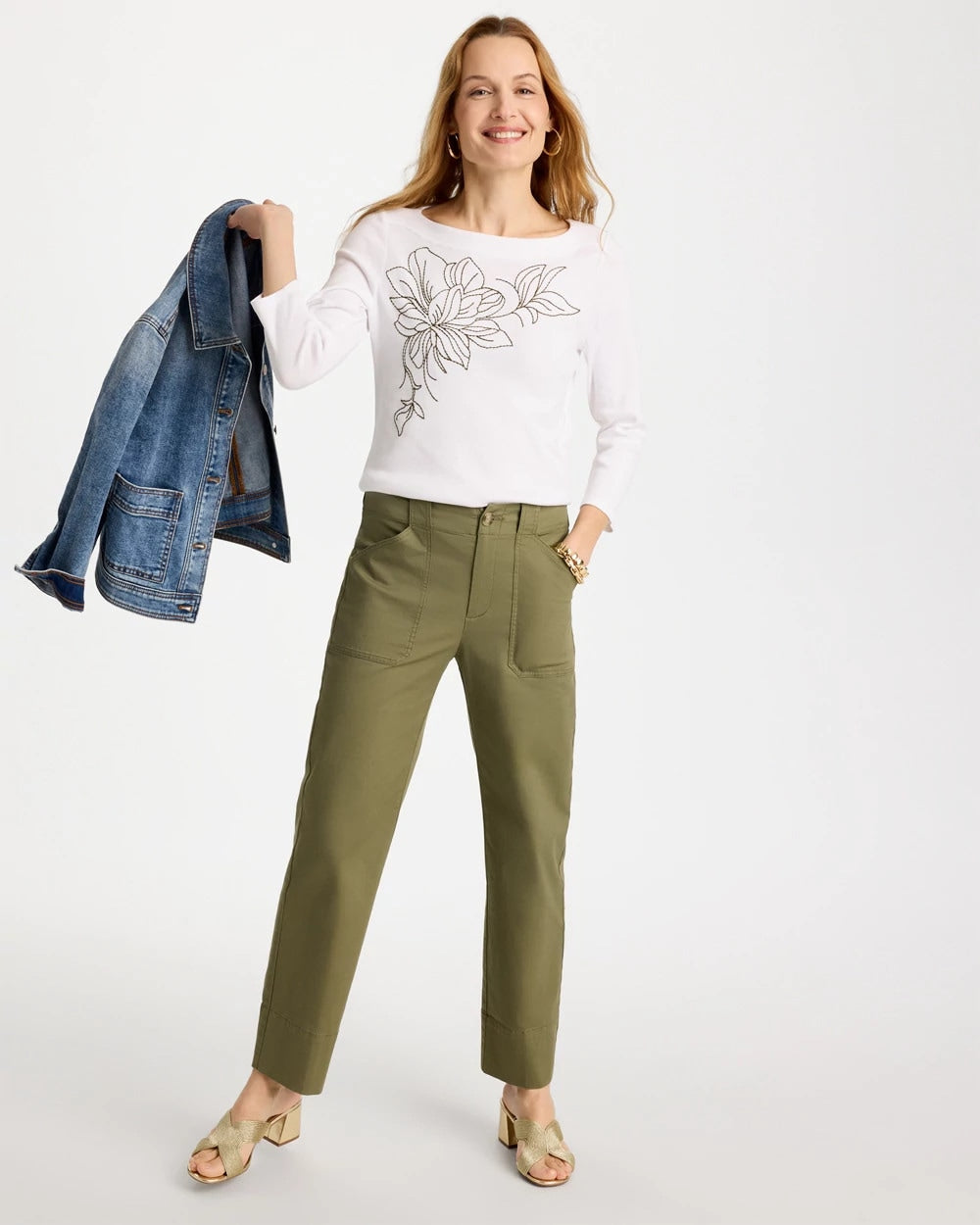 Chico's On Sale - Embroidered Pima 3/4 Sleeve Tee