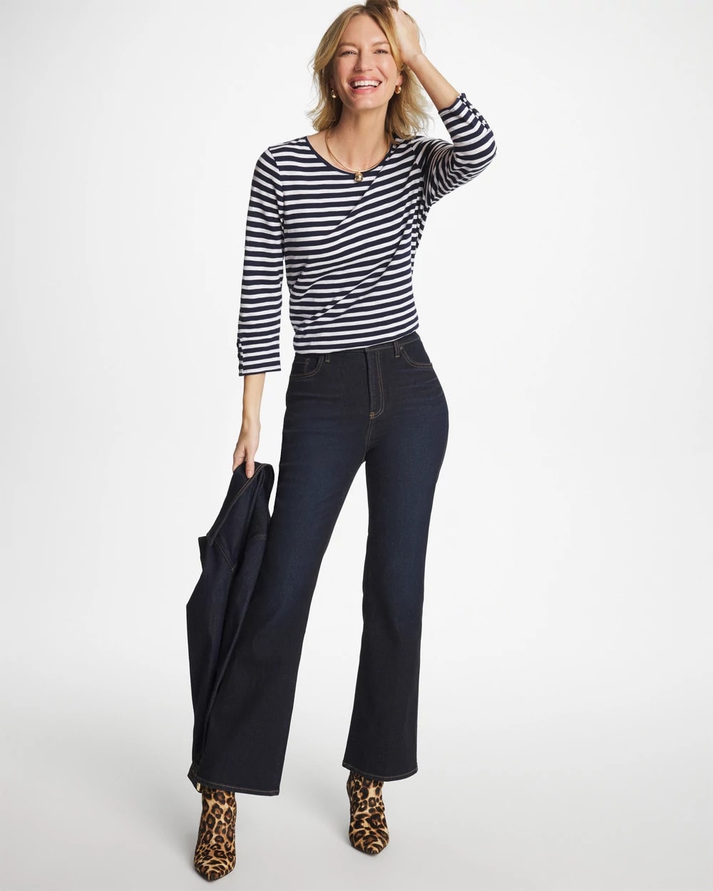 Chico's For Sale - Striped Cotton Slub 3/4 Sleeve Button Tee