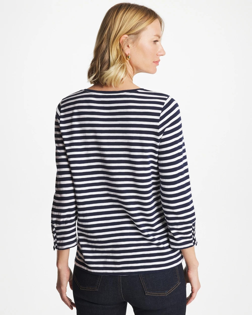 Chico's For Sale - Striped Cotton Slub 3/4 Sleeve Button Tee