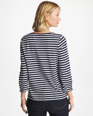 Chico's For Sale - Striped Cotton Slub 3/4 Sleeve Button Tee