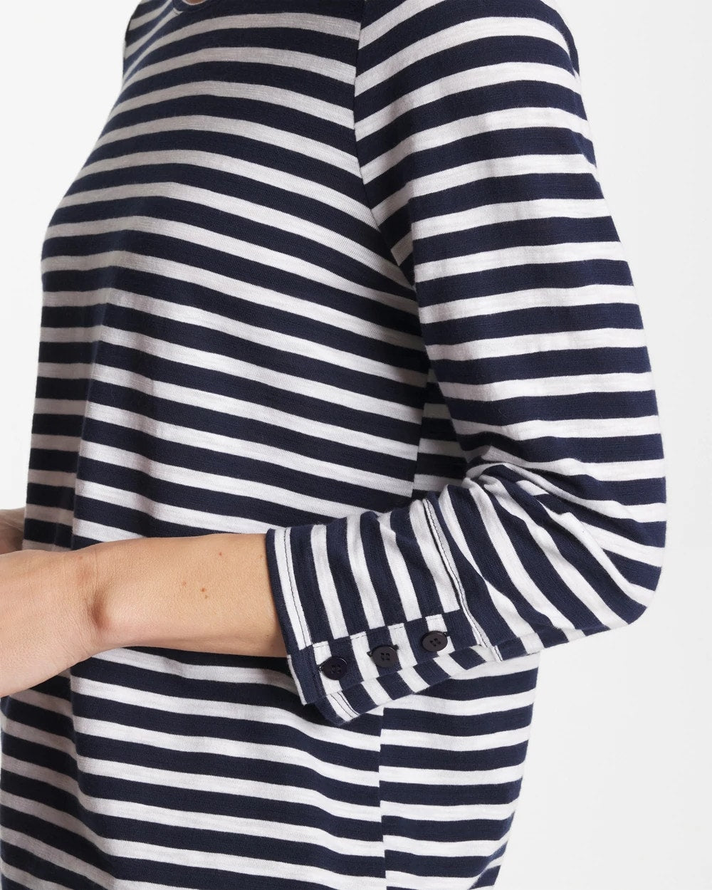 Chico's For Sale - Striped Cotton Slub 3/4 Sleeve Button Tee