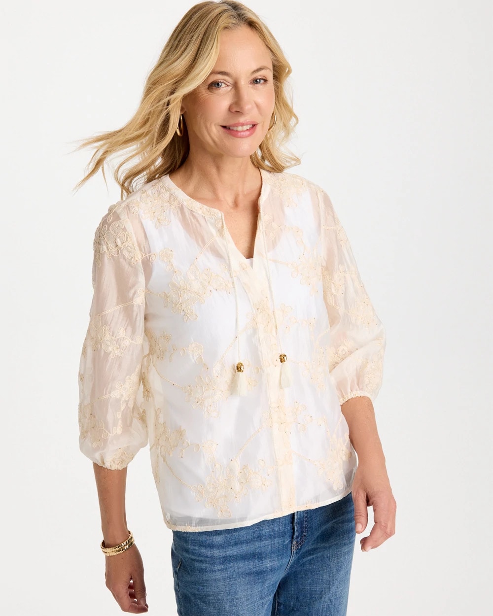 Chico's For Sale - Embroidered Tassel Tie-Front Top