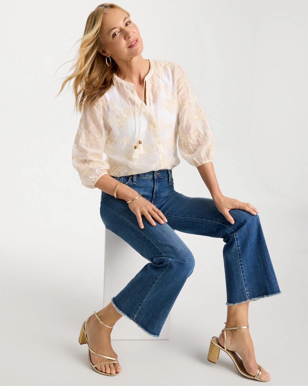 Chico's For Sale - Embroidered Tassel Tie-Front Top