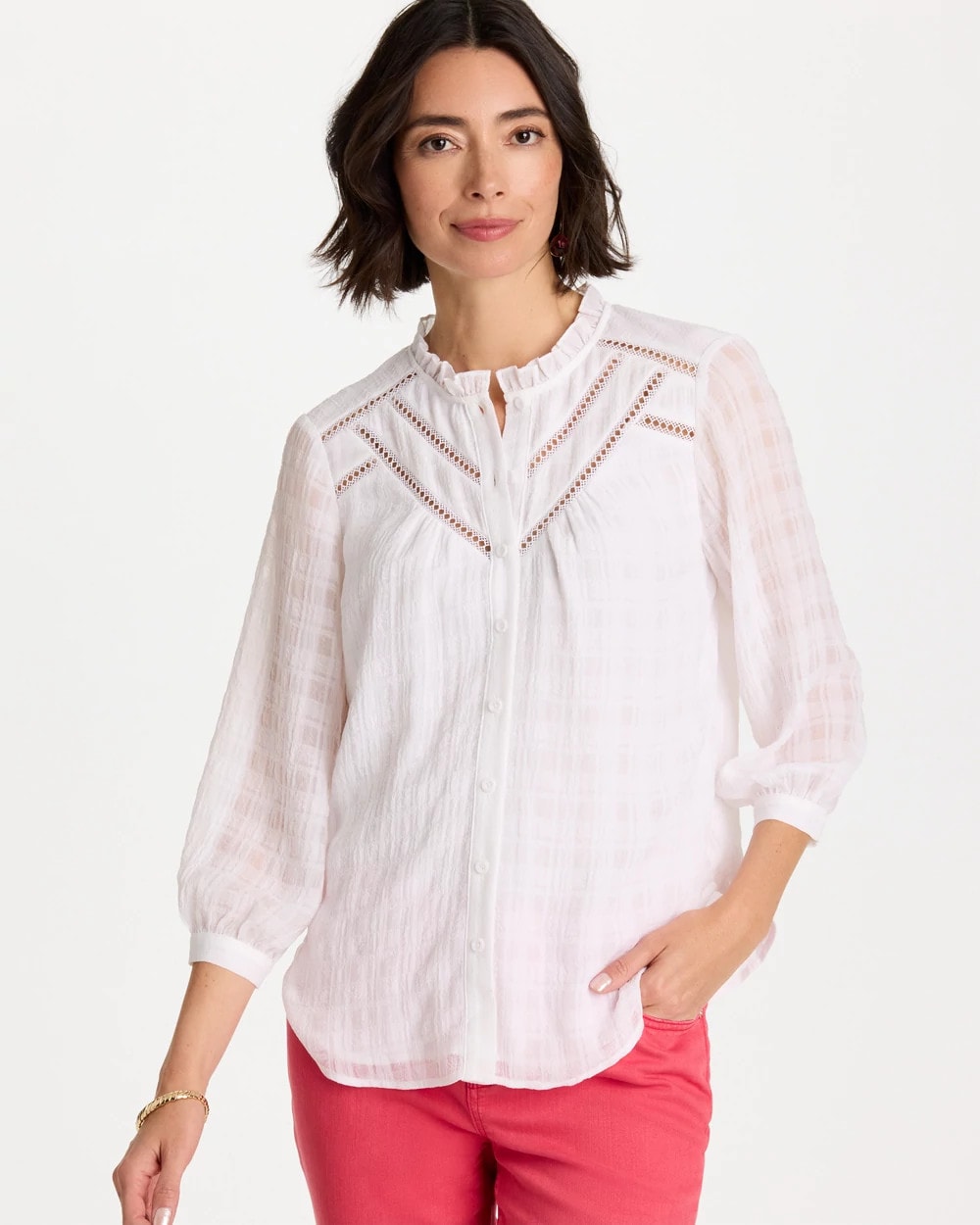 Chico's Outlet - Cutwork Trim Chiffon Blouse