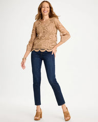 Chico's / Floral-Motif Mesh 3/4 Sleeve Top