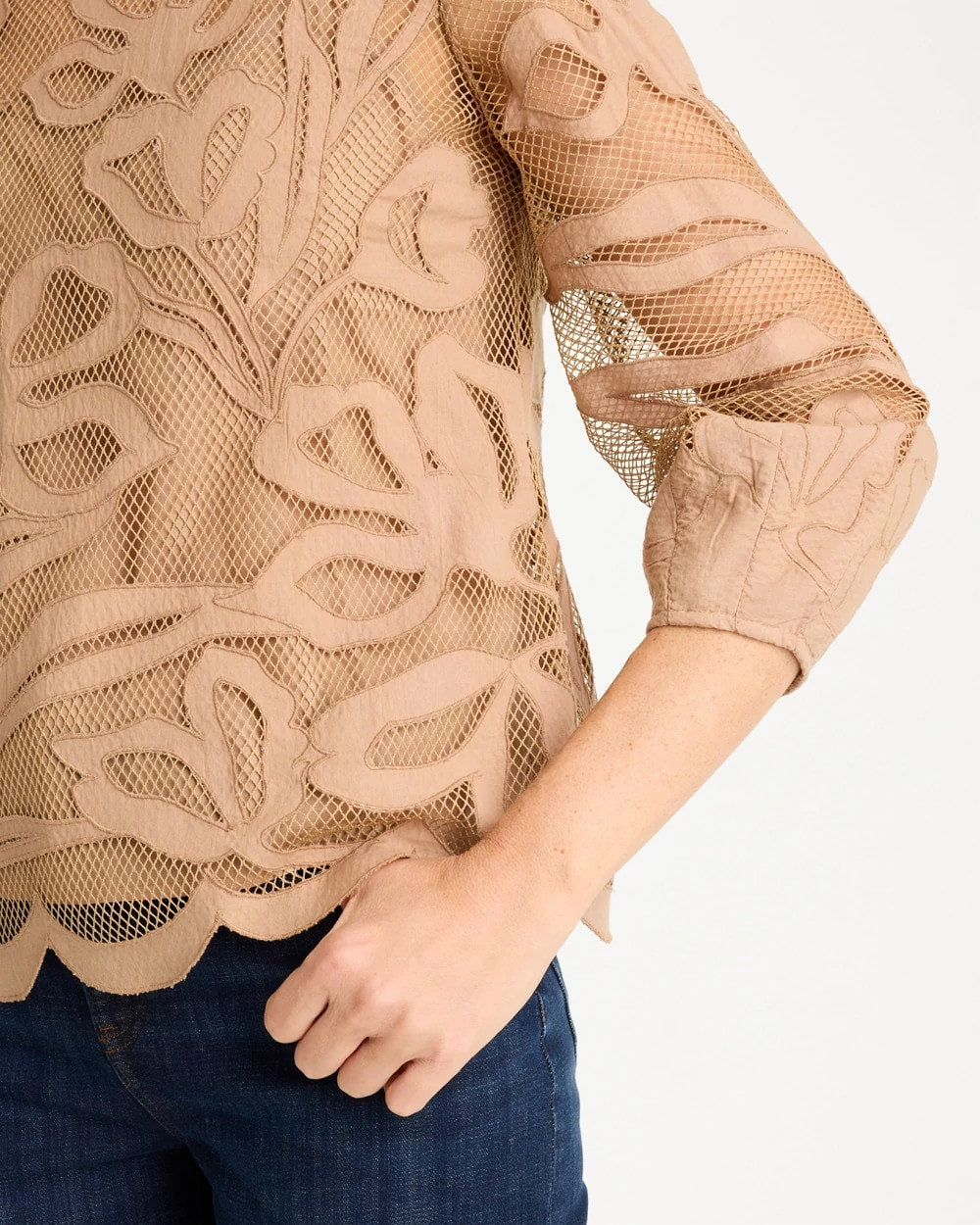 Chico's / Floral-Motif Mesh 3/4 Sleeve Top