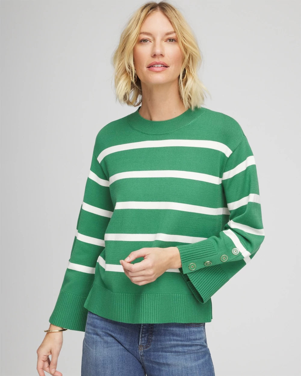 Chico's On Sale - Striped Button Sleeve Crewneck Pullover Sweater