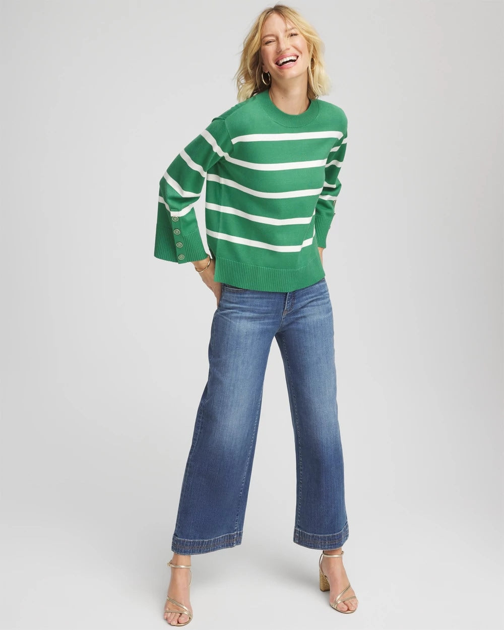 Chico's On Sale - Striped Button Sleeve Crewneck Pullover Sweater