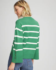 Chico's On Sale - Striped Button Sleeve Crewneck Pullover Sweater