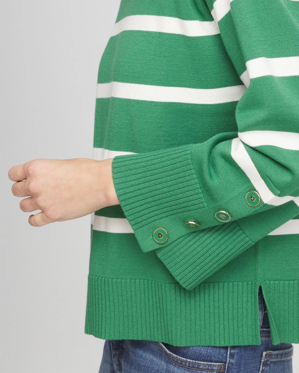 Chico's On Sale - Striped Button Sleeve Crewneck Pullover Sweater