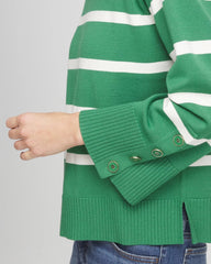Chico's On Sale - Striped Button Sleeve Crewneck Pullover Sweater