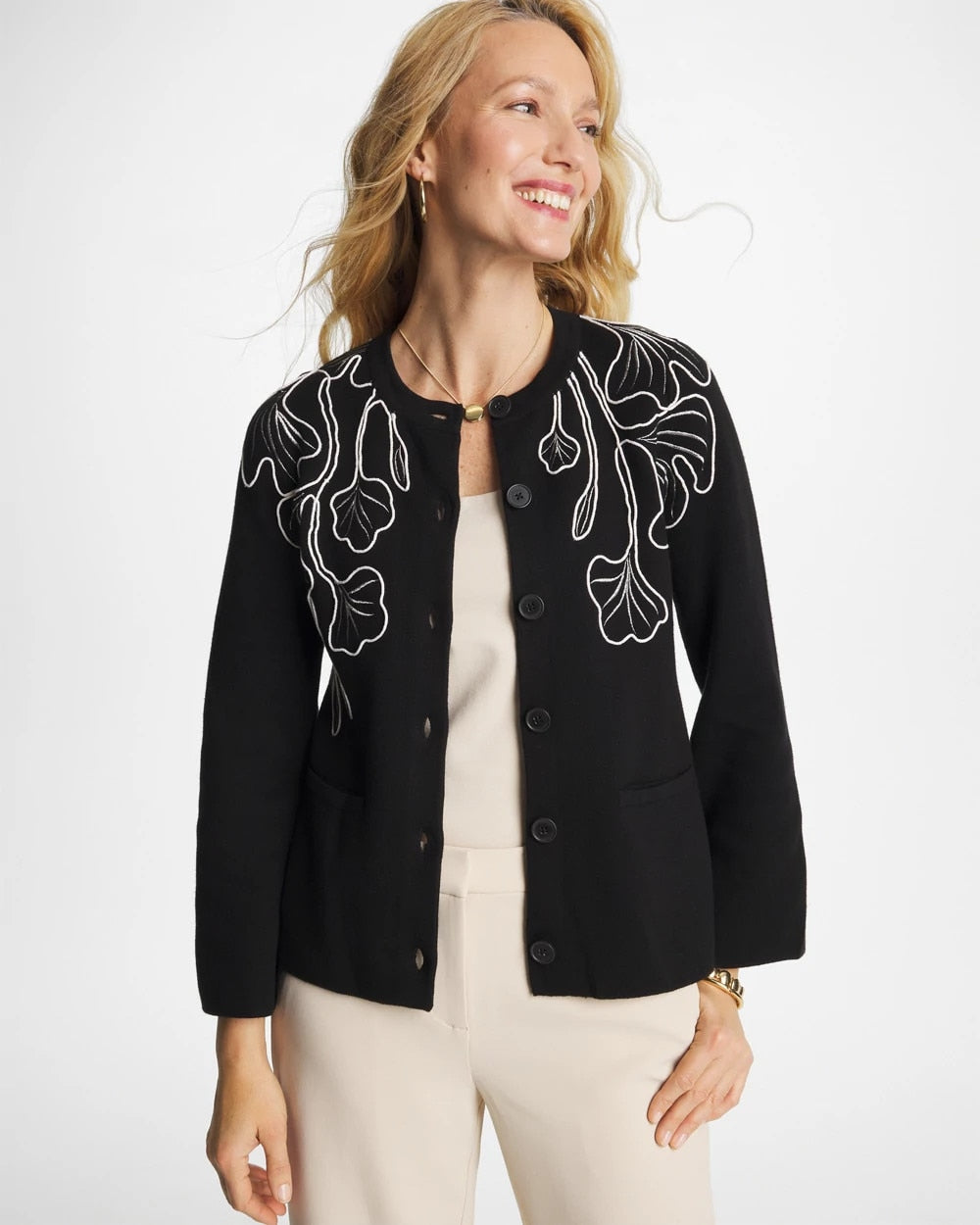 Chico's US - Embroidered Crewneck Cardigan Jacket