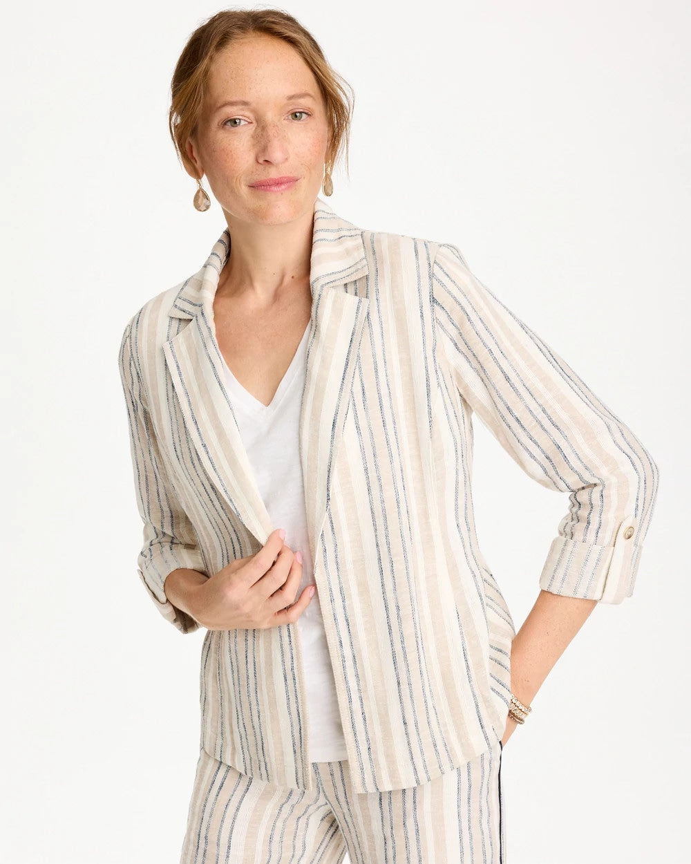 Chico's Outlet - Striped Linen Roll Sleeve Blazer