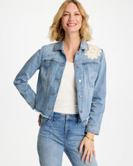 Chico's For Sale - Embroidered Frayed Denim Trucker Jacket