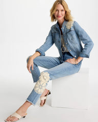 Chico's For Sale - Embroidered Frayed Denim Trucker Jacket