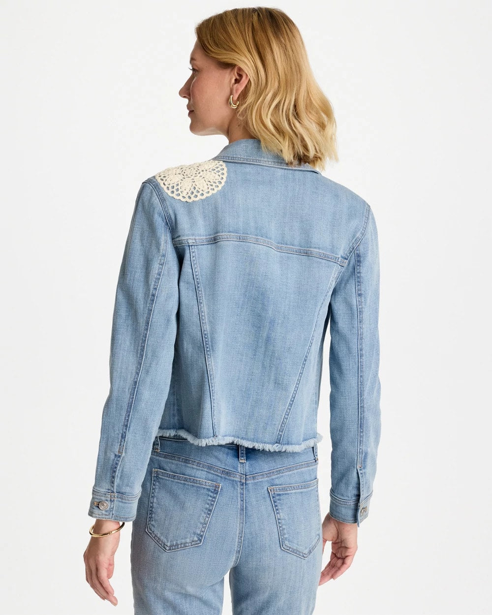 Chico's For Sale - Embroidered Frayed Denim Trucker Jacket