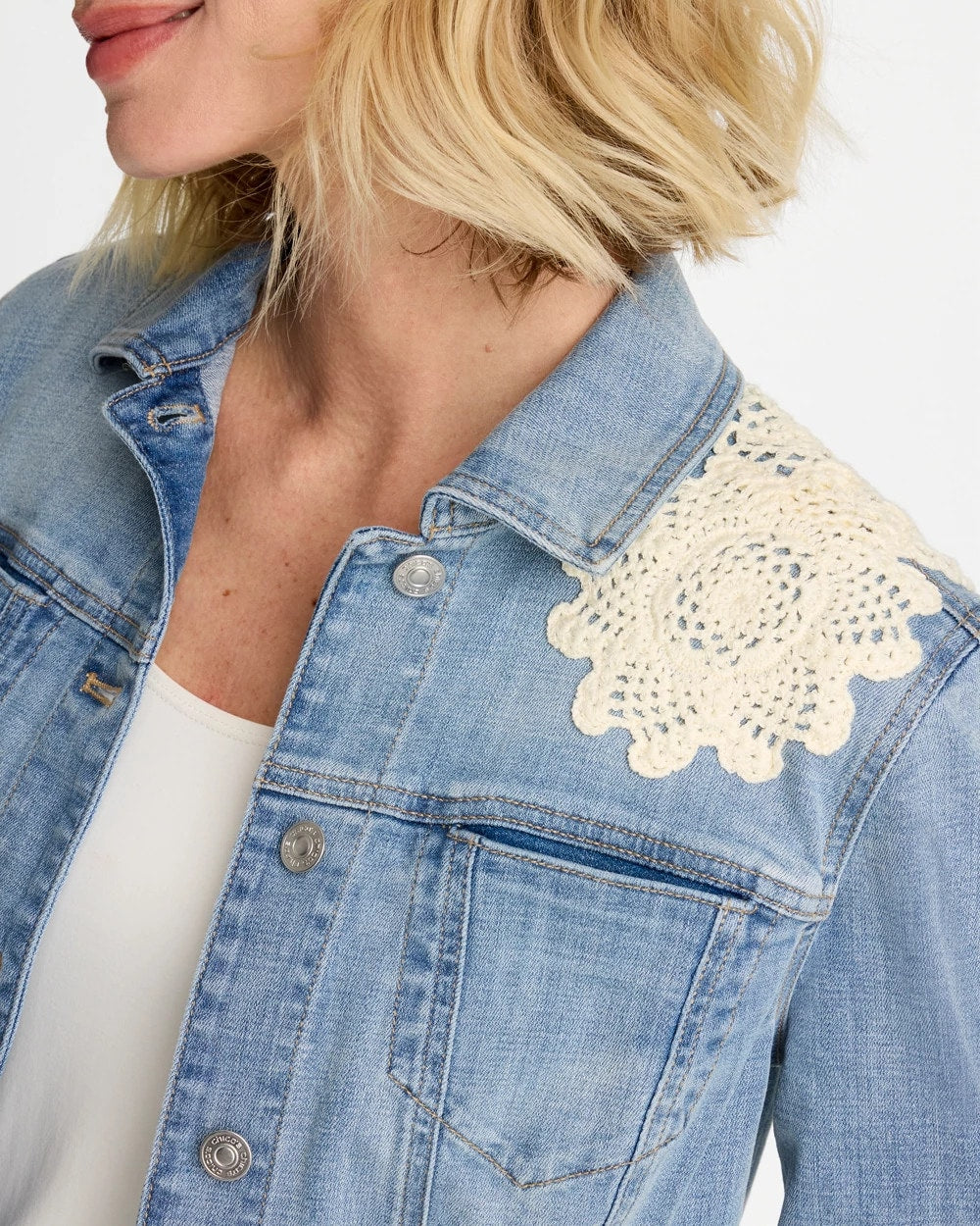 Chico's For Sale - Embroidered Frayed Denim Trucker Jacket