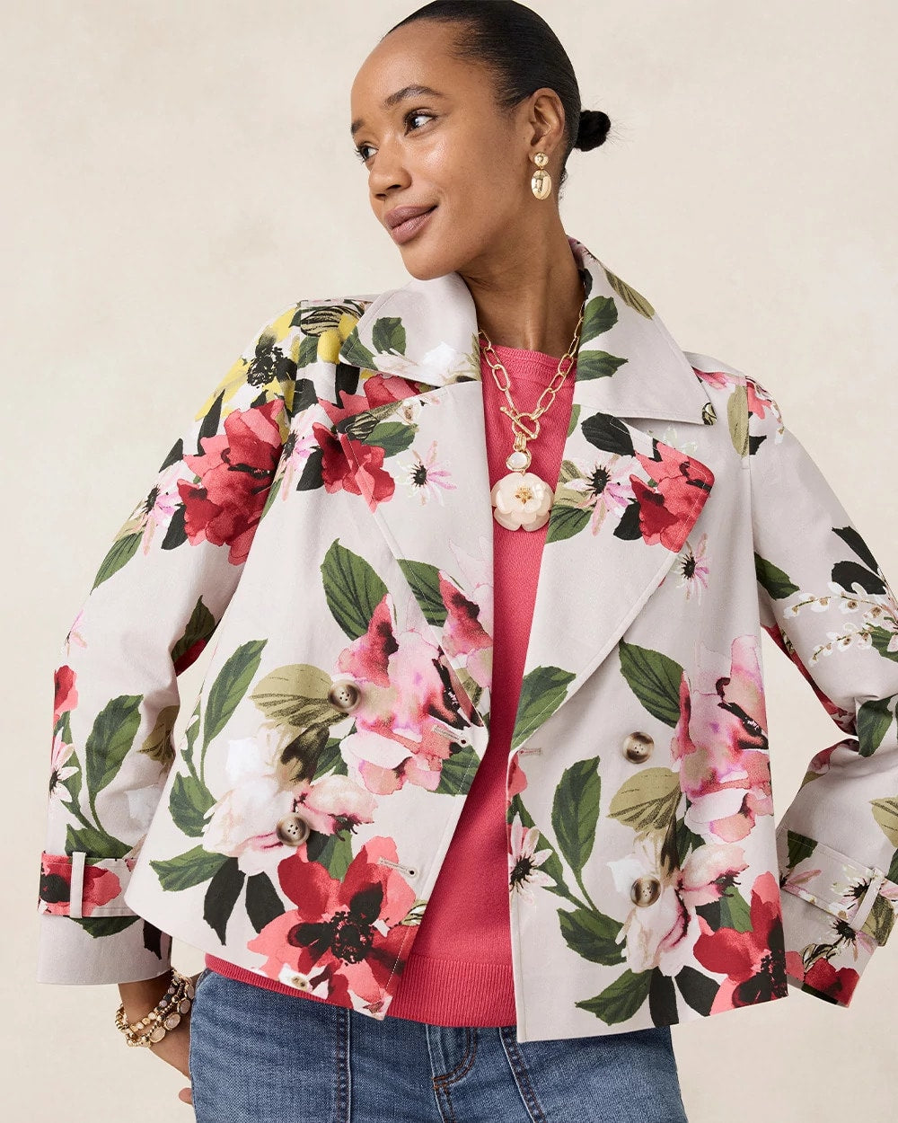 Chico's Sale - Cotton-Stretch Floral Trench Coat