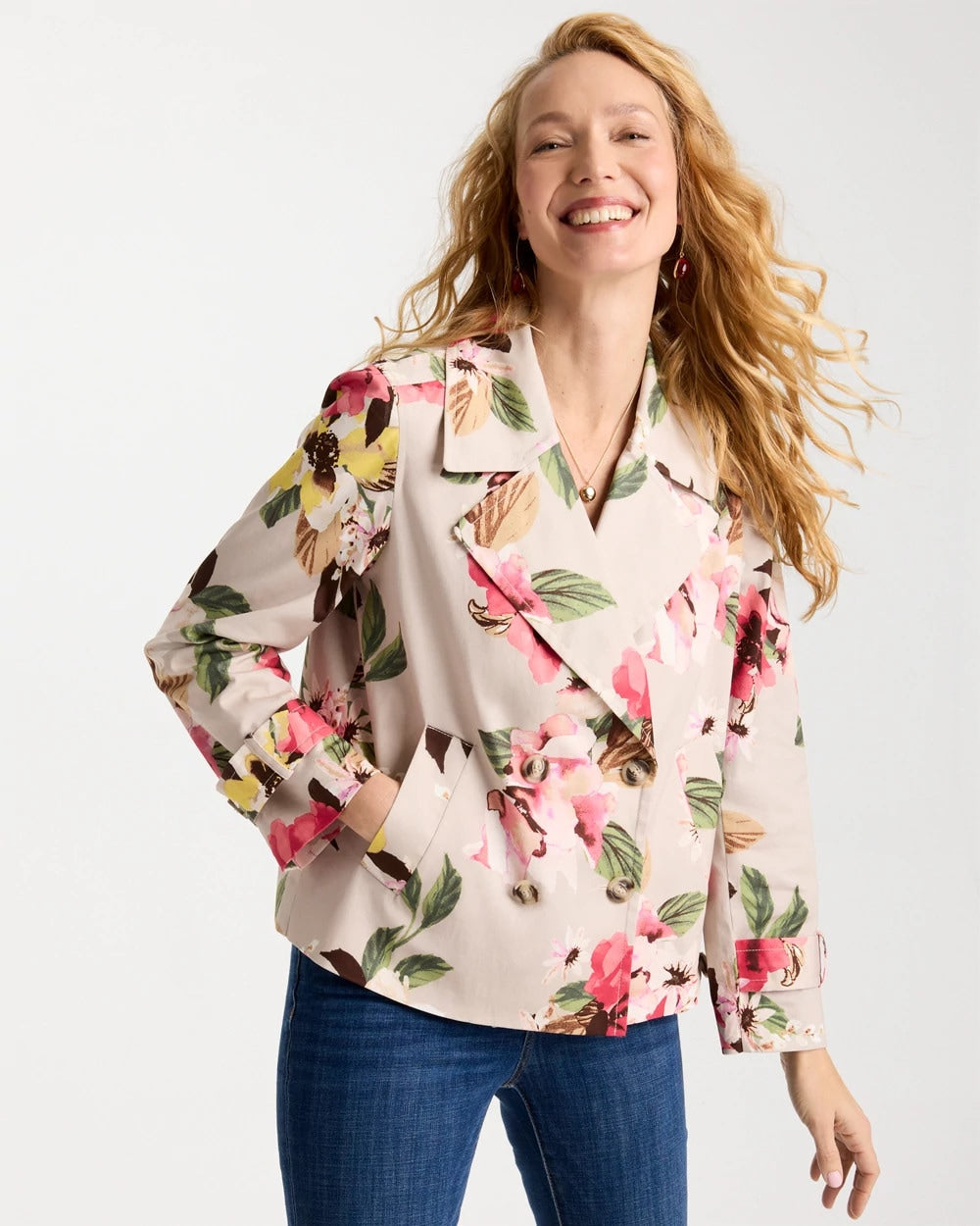 Chico's Sale - Cotton-Stretch Floral Trench Coat