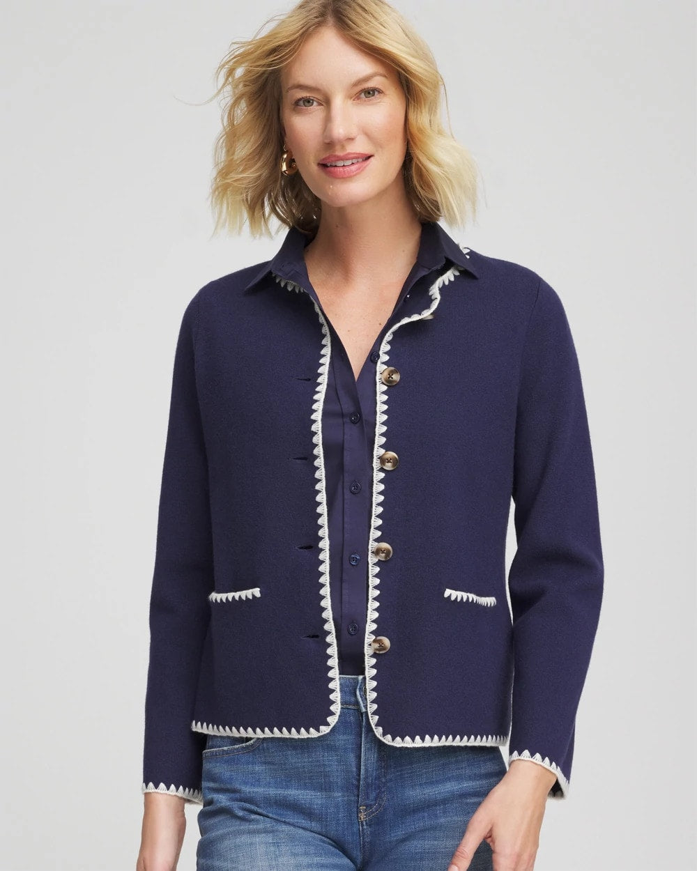 Chico's US - Blanket Stitch Crewneck Cardigan