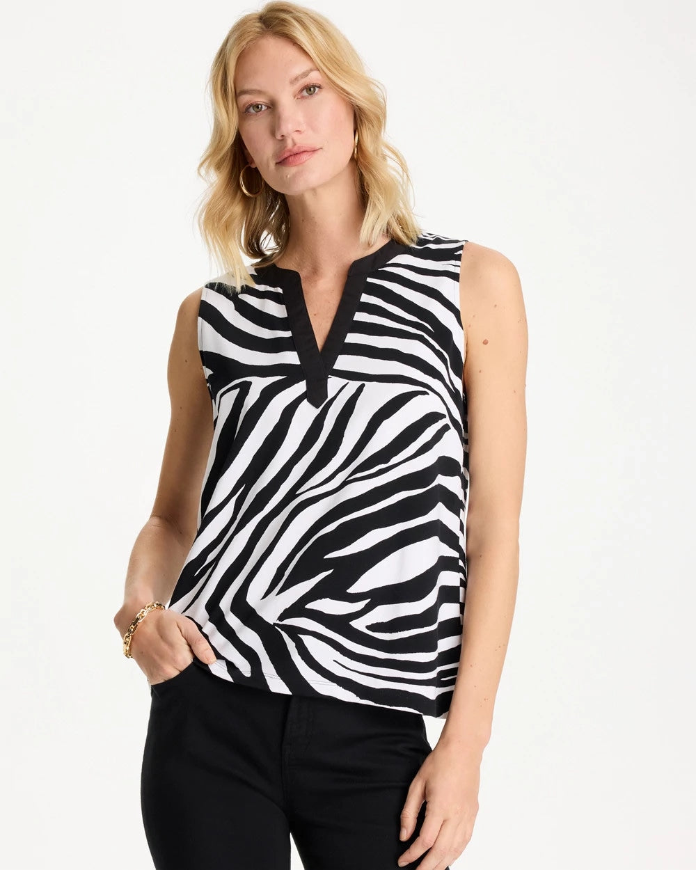 Chico's On Sale - Zebra Cotton-Stretch Notch Neck Tank