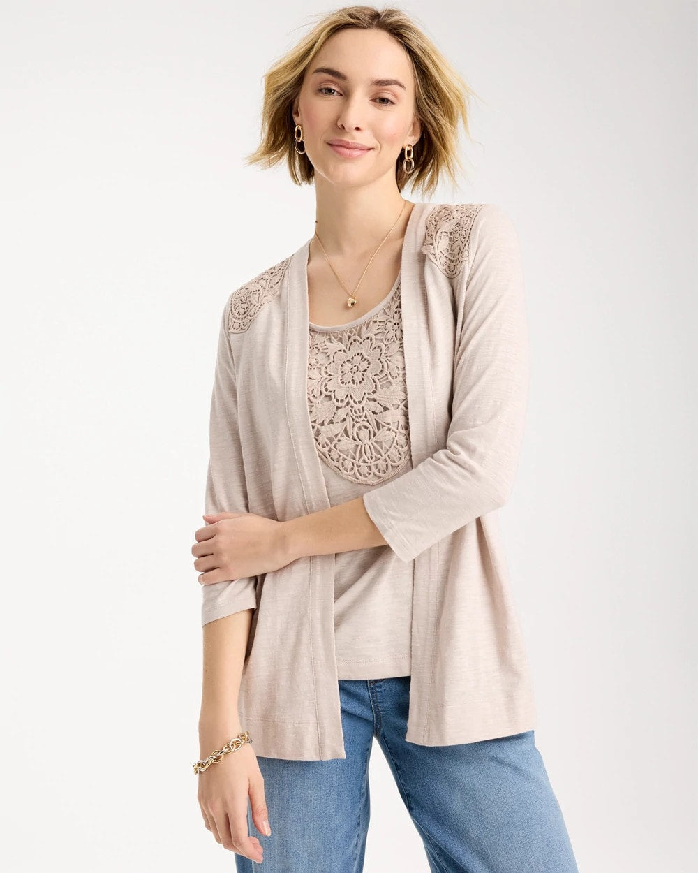Chico's / Embroidered Cotton Slub 3/4 Sleeve Cardigan