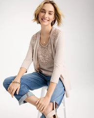 Chico's / Embroidered Cotton Slub 3/4 Sleeve Cardigan