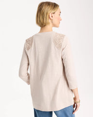 Chico's / Embroidered Cotton Slub 3/4 Sleeve Cardigan