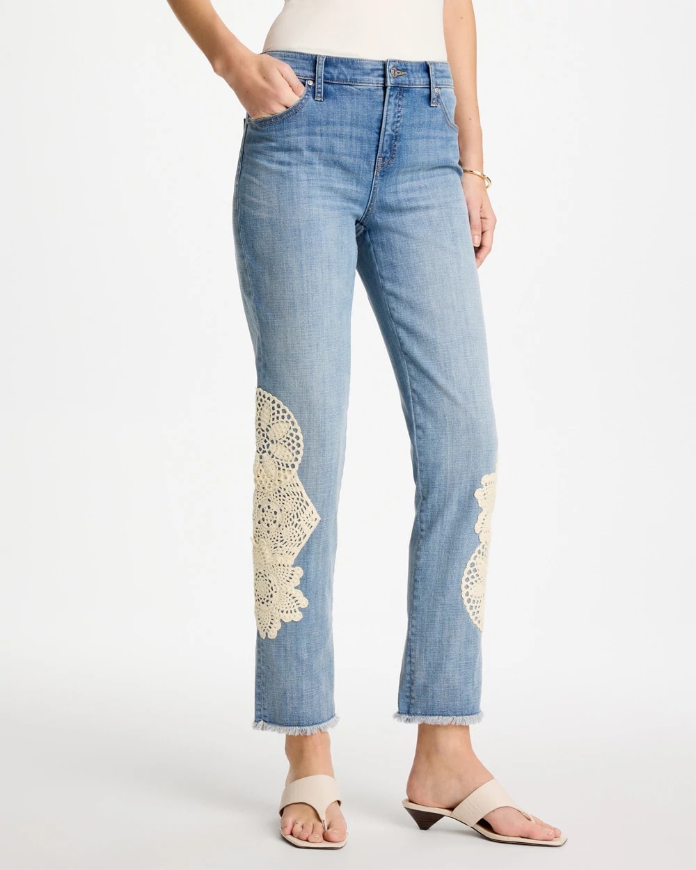 Chico's Discount - Girlfriend Slim Crochet Fray Ankle Jeans