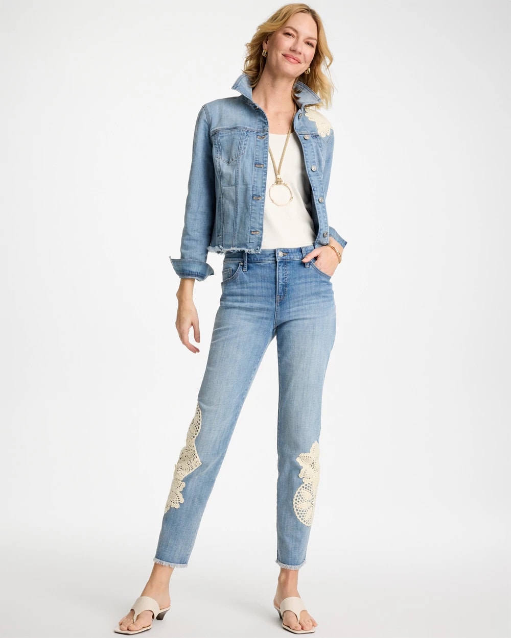 Chico's Discount - Girlfriend Slim Crochet Fray Ankle Jeans