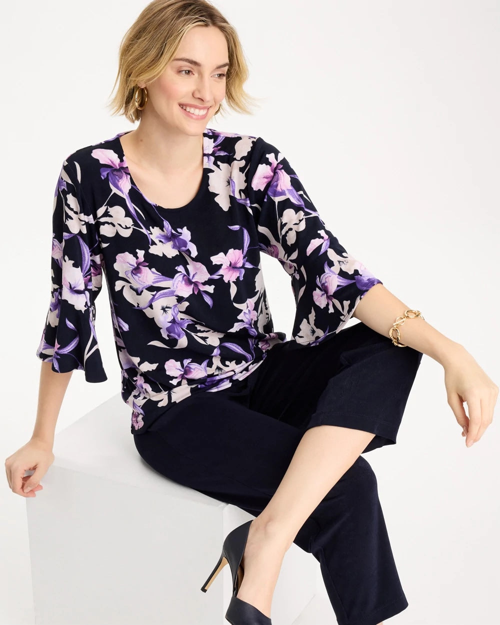 Chico's Discount - Travelers™ Amethyst Iris Flounce-Sleeve Top