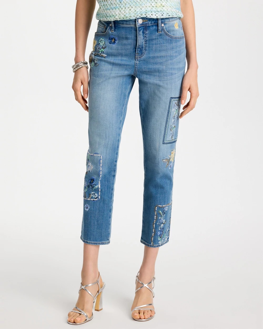 Chico's For Sale - Floral Patchwork Girlfriend Crop Jeans