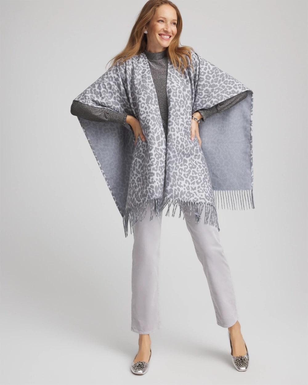 Chico's / Reversible Animal Print Fringe Ruana