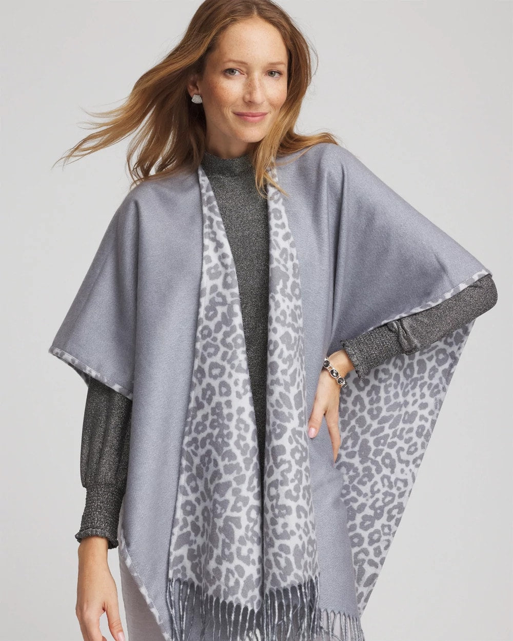 Chico's / Reversible Animal Print Fringe Ruana