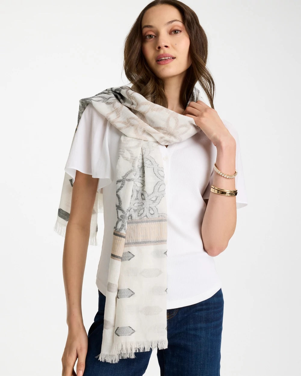 Chico's Sale - Neutral Paisley Polka Dot Oblong Scarf