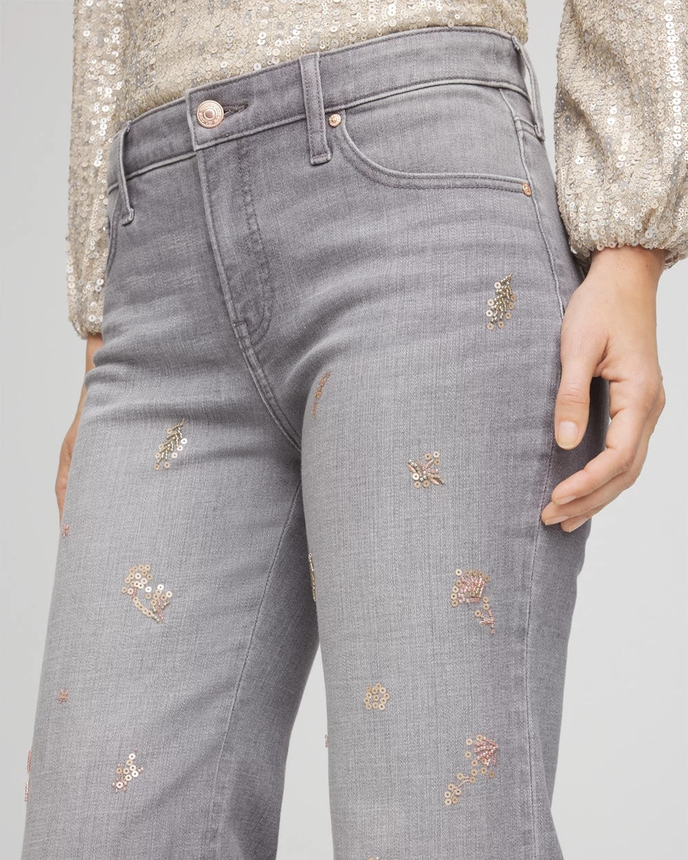 Chico's Discount - Rose Gold Embellished Girlfriend Flared Jeans
