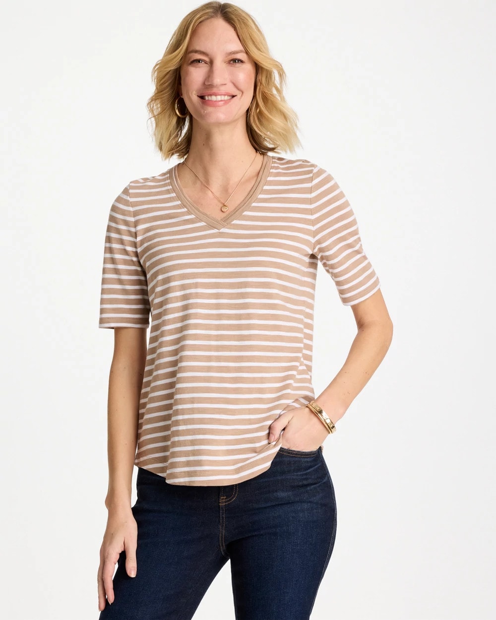Chico's Outlet - Striped Cotton Slub V-Neck Tee