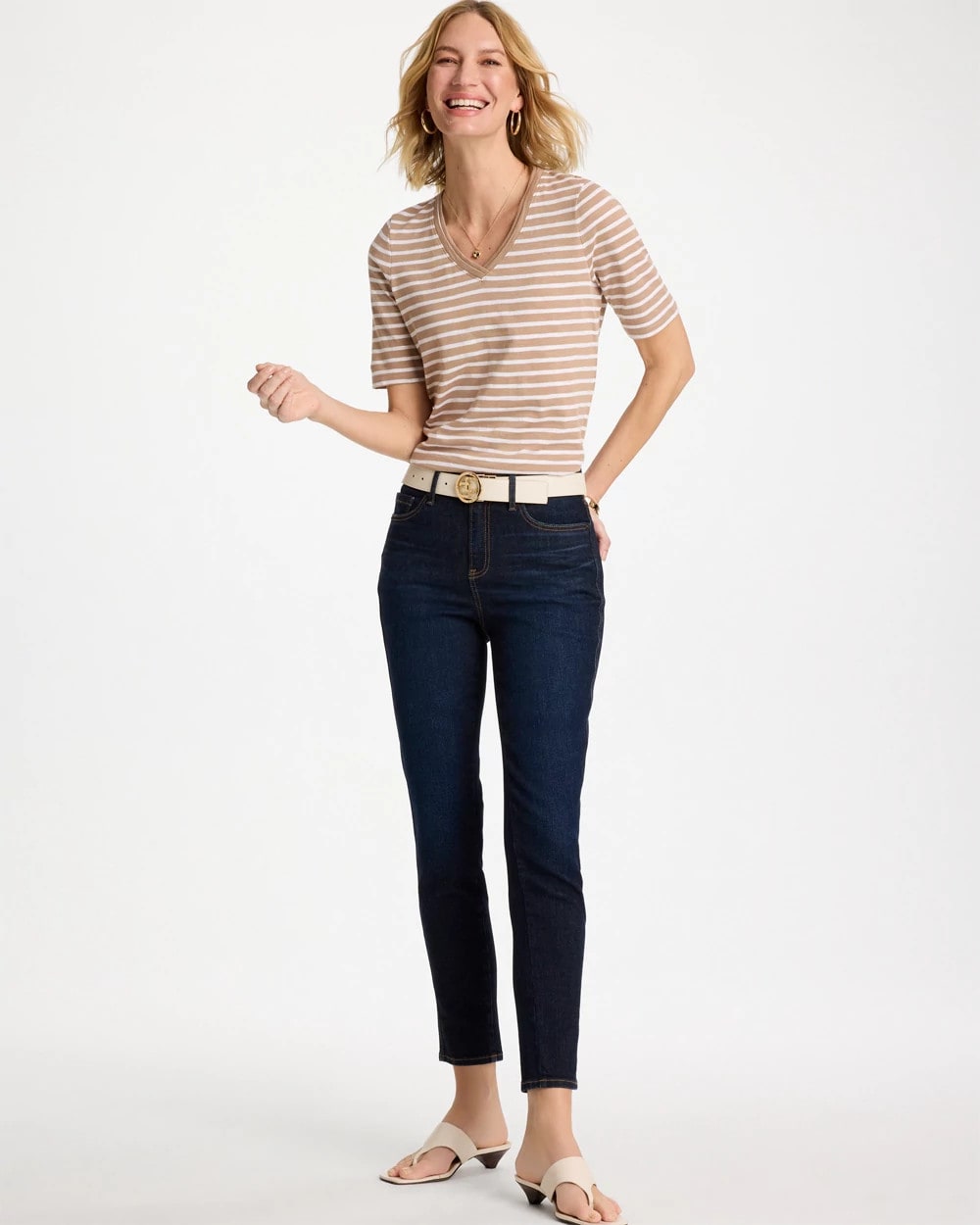 Chico's Outlet - Striped Cotton Slub V-Neck Tee