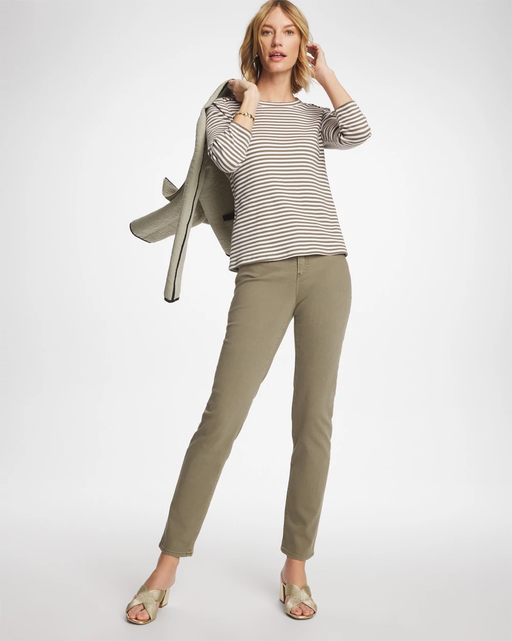 Chico's US - Striped Ribbed Button Crewneck Tee
