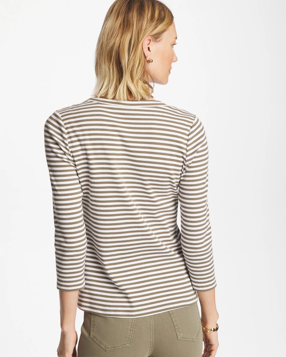 Chico's US - Striped Ribbed Button Crewneck Tee