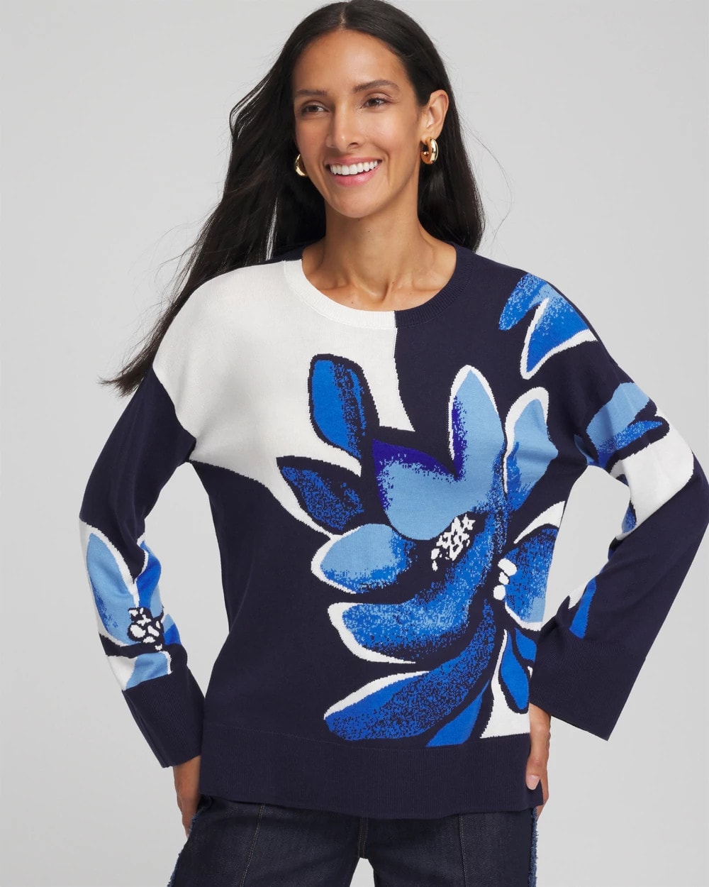 Chico's Discount - Floral Intarsia Crewneck Pullover